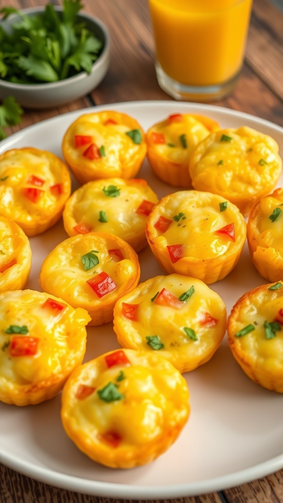 A plate of cheesy baked egg bites with bell peppers, garnished with herbs, on a rustic kitchen table.